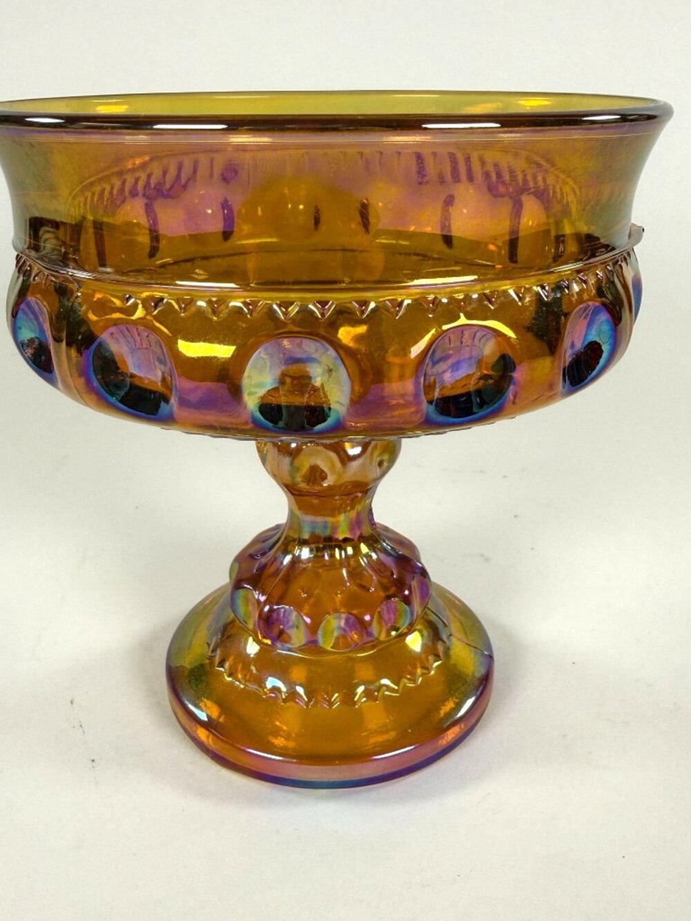 Indiana Glass Colony Marigold Iridescent Carnival Glass Kings Crown Pedestal Bow